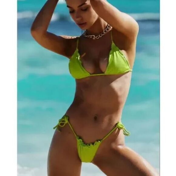 New! Set! It's Now Cool  the frill tri‎ eco neon lime rib bikini, size L - Picture 1 of 15
